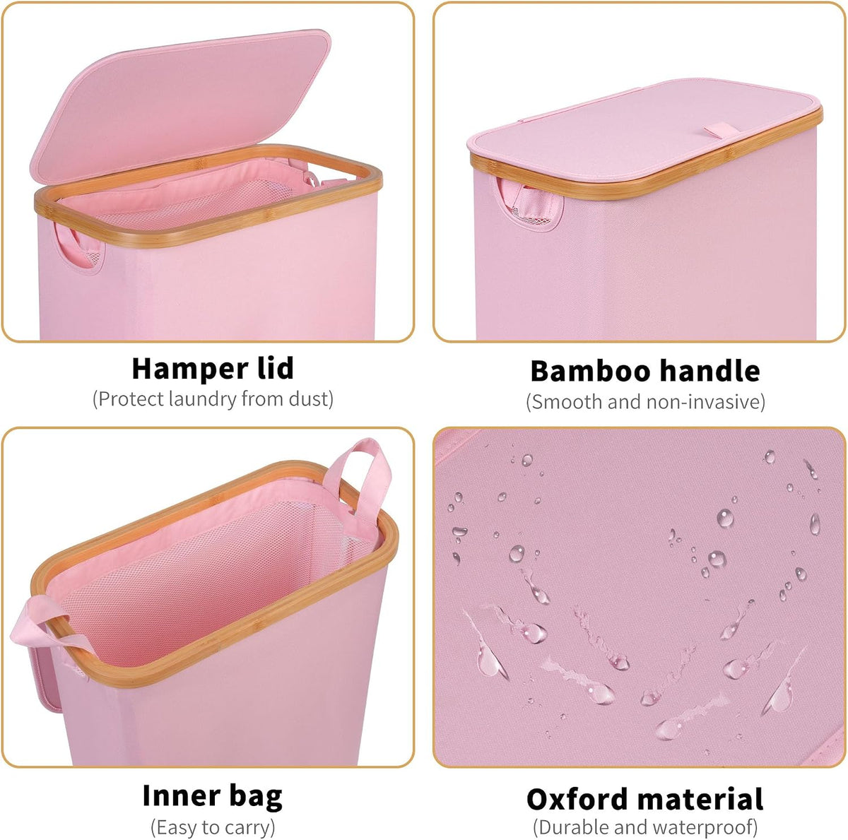 iEGrow 65L Slim Laundry Hamper, Narrow Laundry Basket with Lid,Foldable Clothes Hamper with Bamboo Handles,Hamper Basket with Removable Inner Bag for Laundry Room Bedroom College Dorm,17.17 Gals Pink