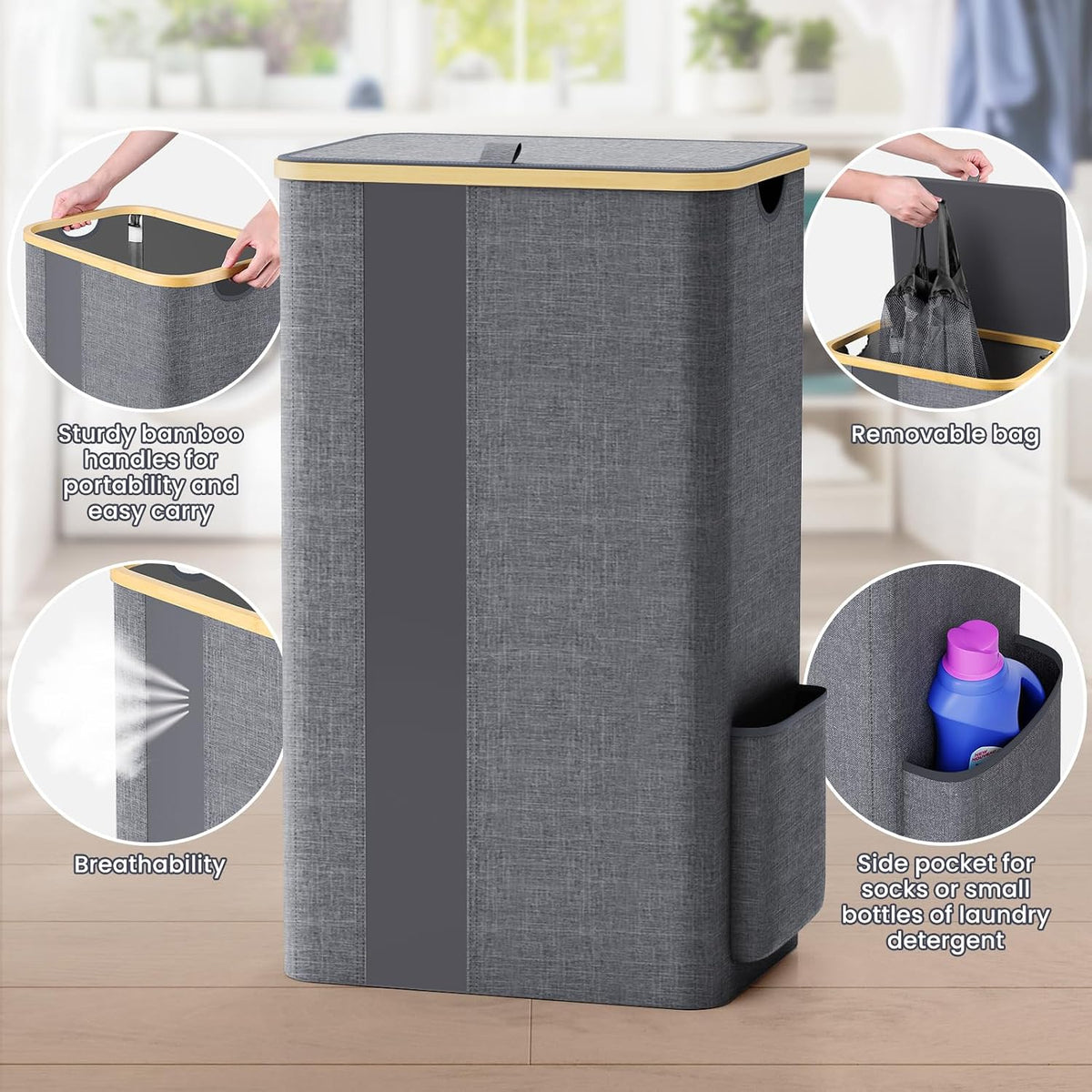 BlissTotes 100L Laundry Basket Hamper with Lid & Removable Bag,Light Grey