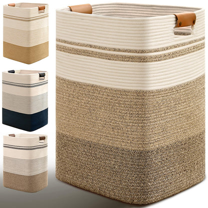 Laundry Hamper, 85L Tall Laundry Basket with Leather Handles, Rectangle Large Clothes Hamper for Organizing, Cotton Woven Laundry Baskets Storage Hampers for Bedroom, Nursery, Living Room