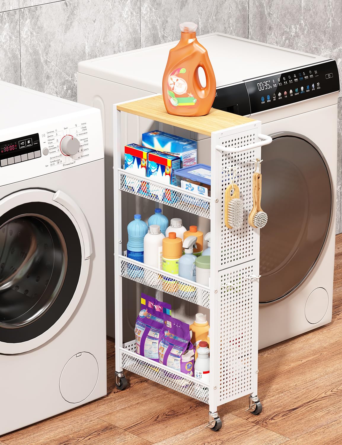 Utility Slim Storage Cart 4 Tier Rolling Laundry Room Organization Cart：
