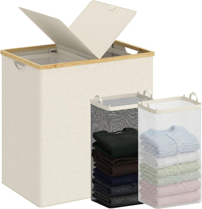 efluky Double Laundry Hamper with Lid and 2 Removable Bags, Beige