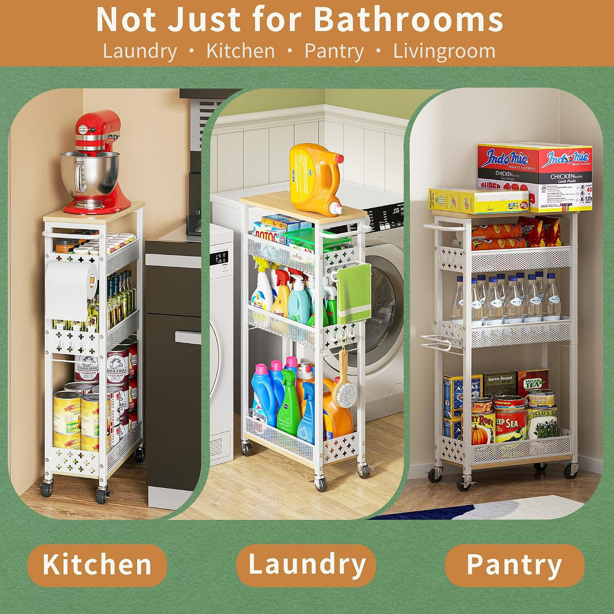 OKZEST Slim Bathroom Organizers and Storage Cart with Toilet Paper Holder