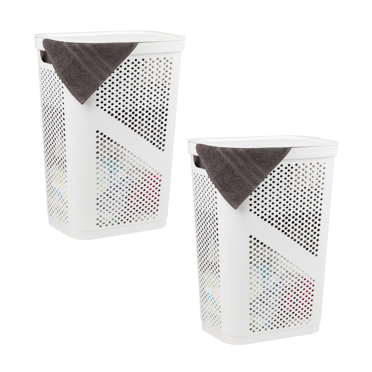 Mind Reader Slim Laundry Hamper with Lid, 60L Ventilated Clothes Baskets, Tapered Design for Bathrooms, Closets, Plastic, Set of 2, Black