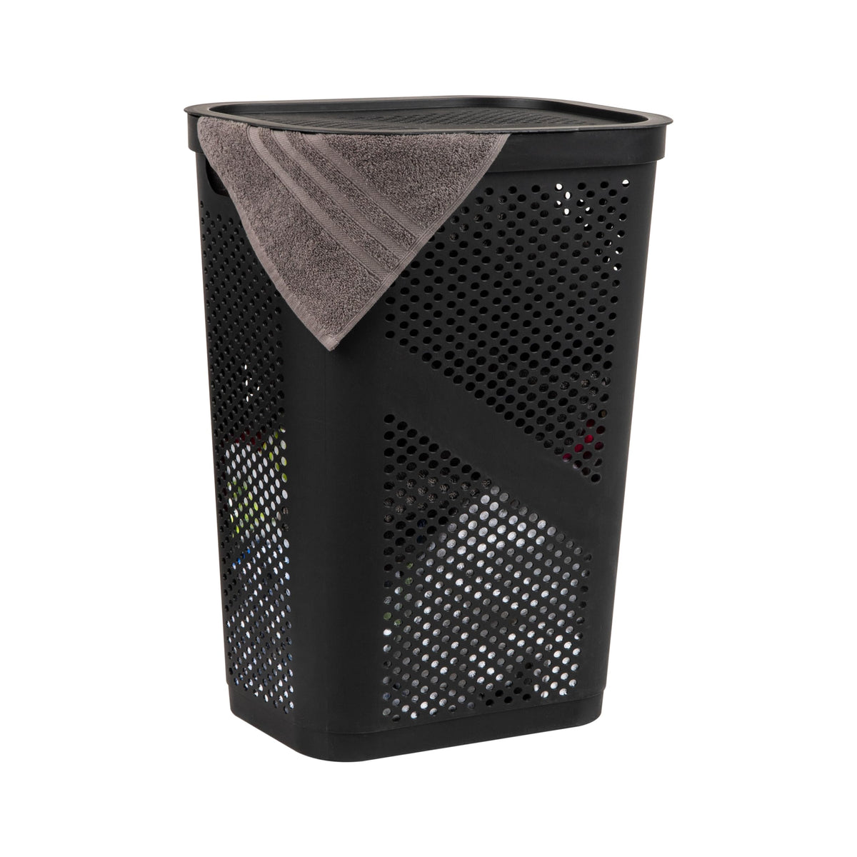 Mind Reader Slim Laundry Hamper with Lid, 60L Ventilated Clothes Baskets, Tapered Design for Bathrooms, Closets, Plastic, Set of 2, Black