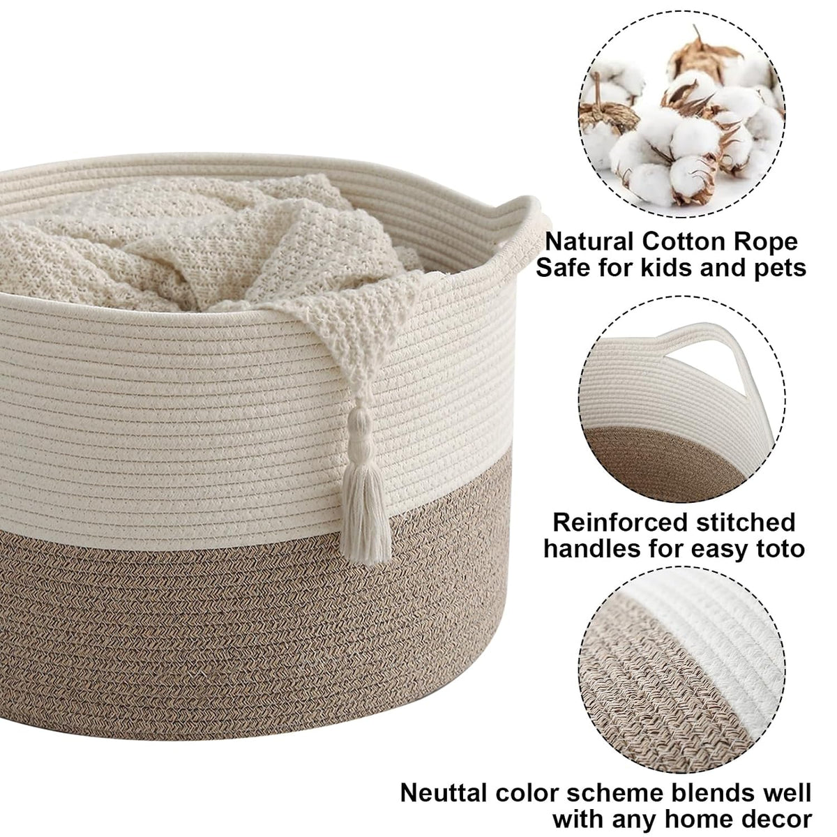 Large Woven Blanket Basket,65L Cotton Rope Laundry Basket