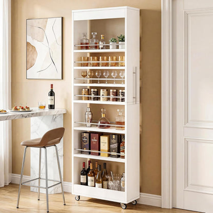 Tribesigns 73" Tall Slim Storage Cart on Rubber Wheels, 7-Tier Narrow Pantry Cabinet, Rolling Skinny Spice Rack Organizer Next to Fridge, Wooden Pull-Out Storage Shelf for Kitchen Small Spaces, White