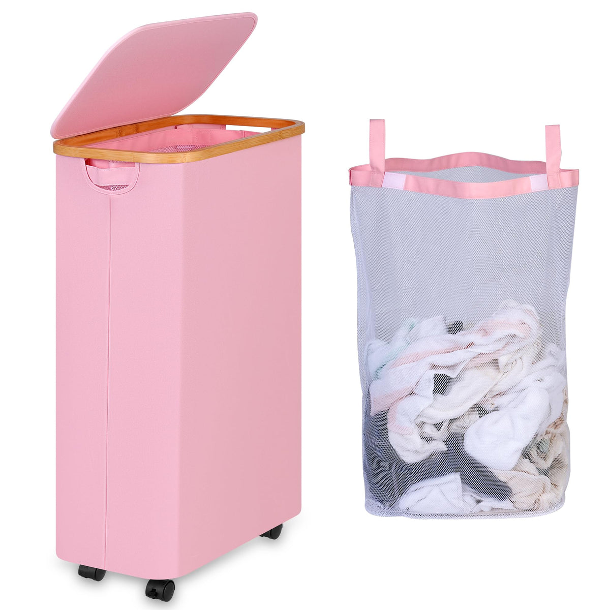 iEGrow 65L Slim Laundry Hamper, Narrow Laundry Basket with Lid,Foldable Clothes Hamper with Bamboo Handles,Hamper Basket with Removable Inner Bag for Laundry Room Bedroom College Dorm,17.17 Gals Pink