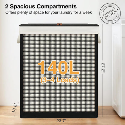 STO STO 2 Section Laundry Hamper with Lid, 140L Steel-Frame Double Laundry Hamper with Removable Washable Liner, Breathable Large Laundry Basket for Bedroom, Bathroom, Laundry Room, Dorm, Closet