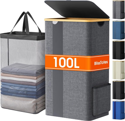 BlissTotes 100L Laundry Basket Hamper with Lid & Removable Bag,Light Grey