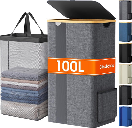 BlissTotes 100L Laundry Basket Hamper with Lid & Removable Bag,Light Grey