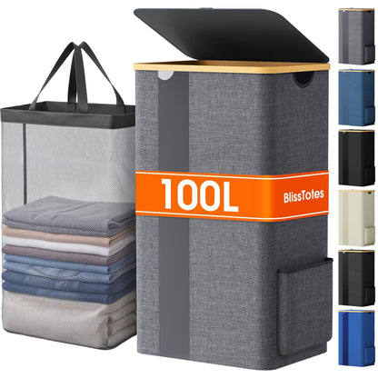 BlissTotes 100L Laundry Basket Hamper with Lid & Removable Bag,Light Grey