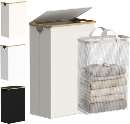 efluky Slim Laundry Basket with Lid, Narrow Laundry Hamper with Removable Bag, Skinny Dirty Clothes Basket with Bamboo Handles for Bathroom, Bedroom & Laundry Room, 75L Beige