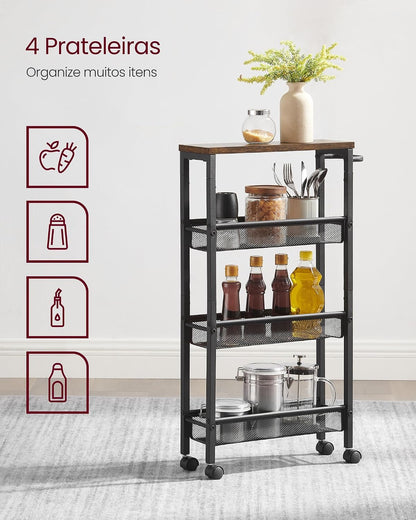 VASAGLE 4-Tier Slim Rolling Storage cart with Wheels, 5.1 Inches, Metal