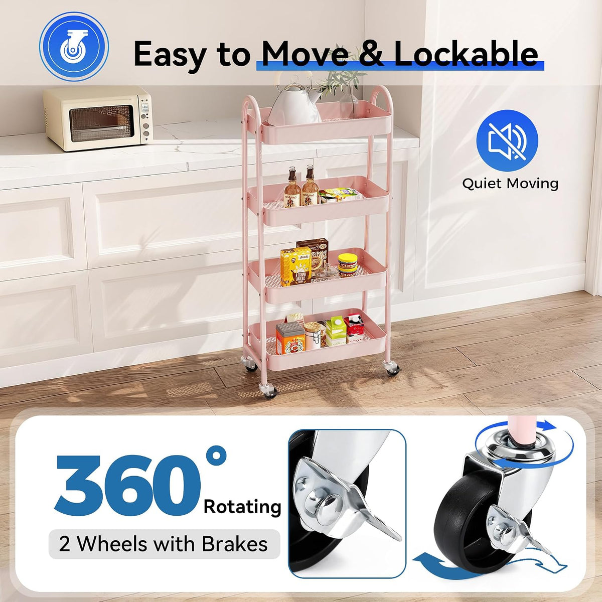 NEWBULIG 4-Shelf Metal Rolling Storage Utility Cart with Lockable Wheels