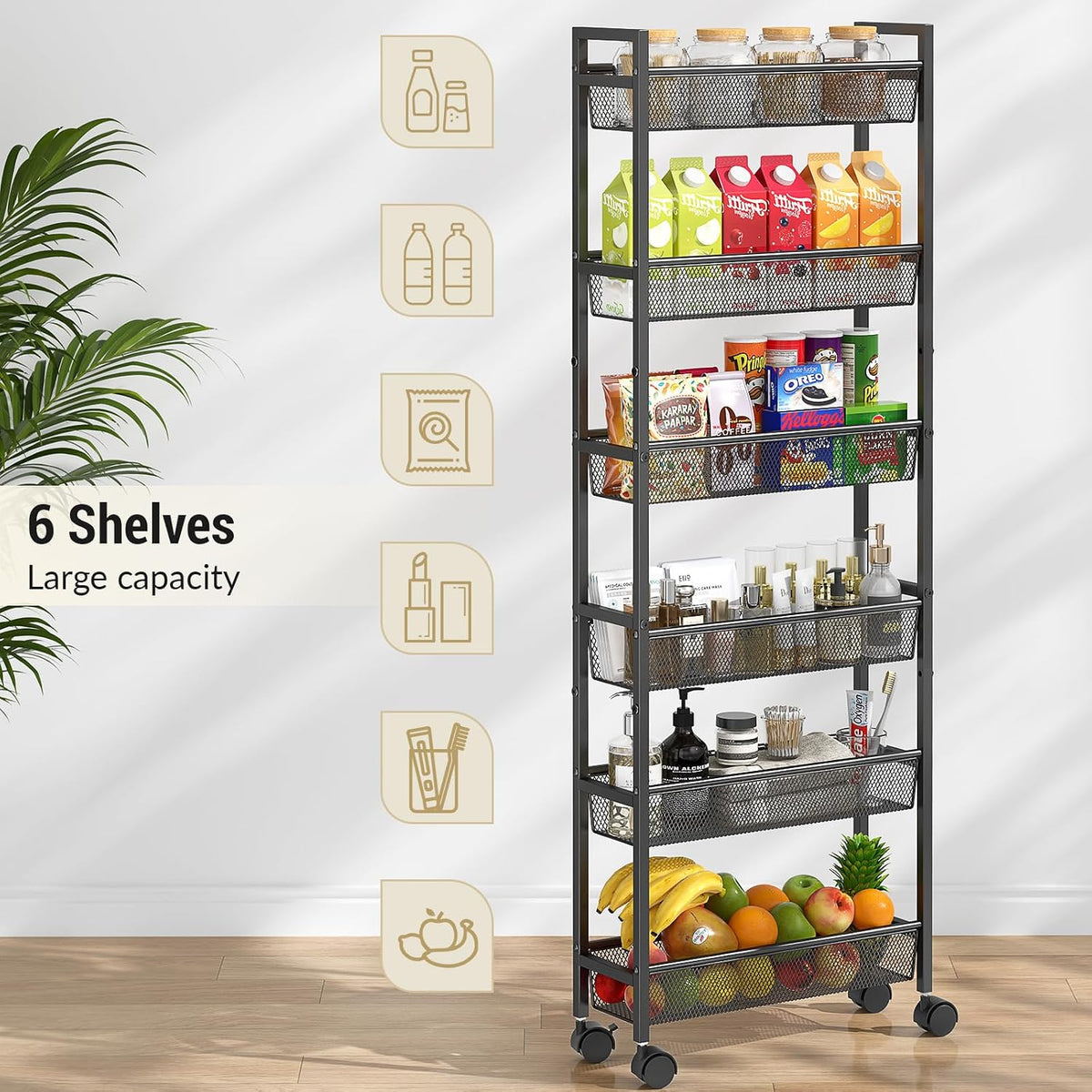 ThreeHio 6 Tier Slim Storage Cart, Narrow Cart with Wheels, Metal Mobile Shelving Unit Organizer for Kitchen, Bathroom, Laundry Room, Living Room & Narrow Spaces, Black, 6in(W)