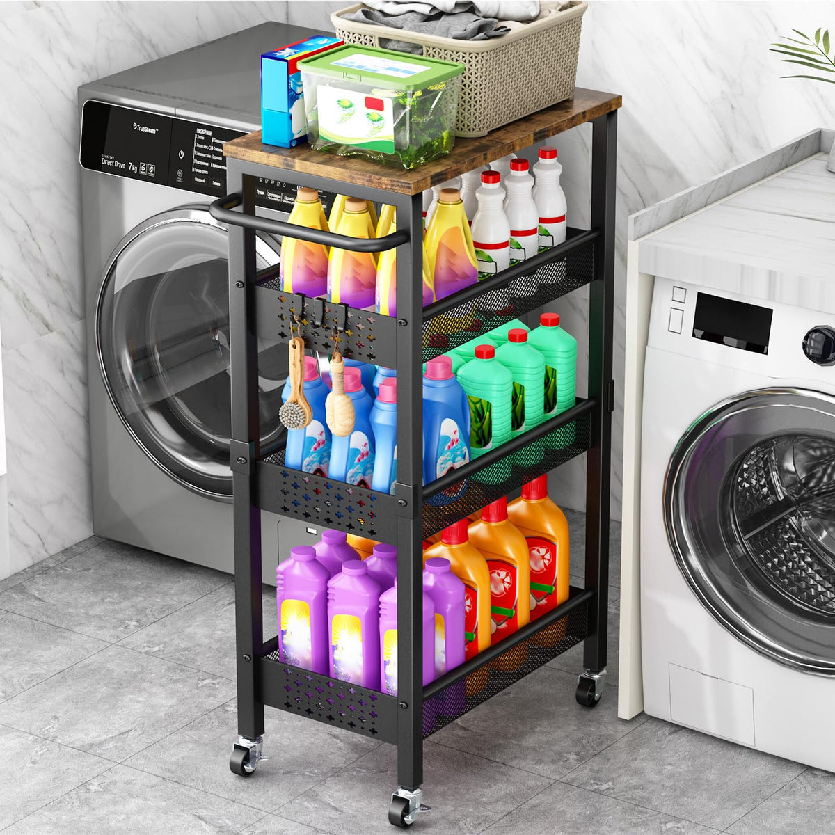Vivihomety 4-Tier Slim Utility Rolling Laundry Cart with Wheels, Metal