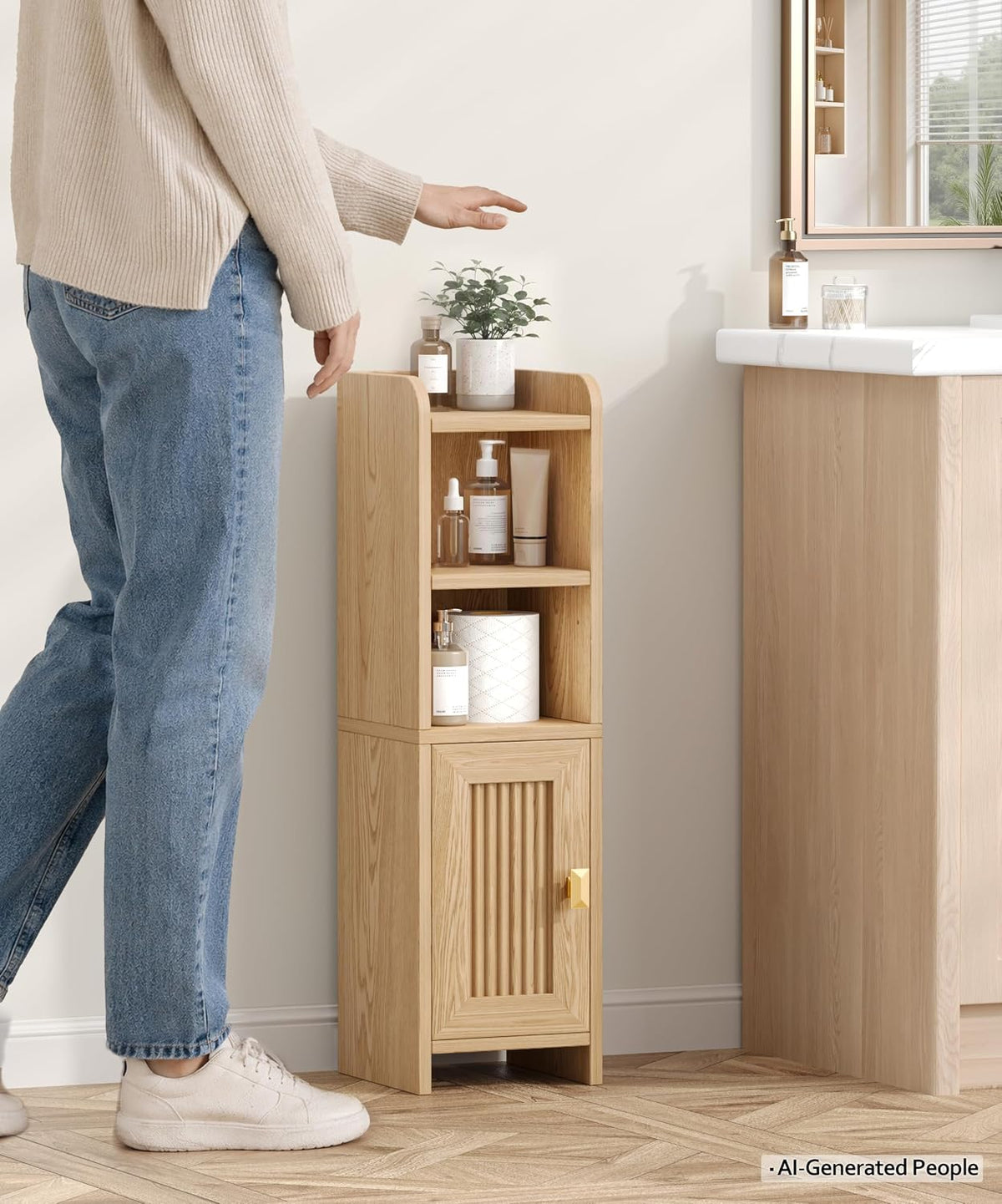 Akxomel Fluted Small Bathroom Storage Cabinet with 2 Open Shelves, Oak
