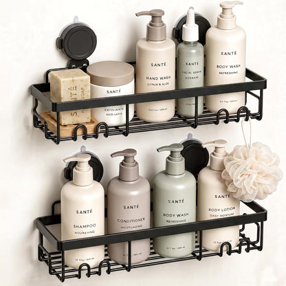 Moforoco Suction Cup Shower Caddy Shelf Organizer Rack, Black Bathroom Shelves Basket, Home Farmhouse Wall Inside Organization and Storage