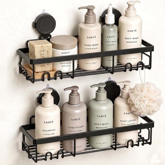 Moforoco Suction Cup Shower Caddy Shelf Organizer Rack, Black Bathroom Shelves Basket, Home Farmhouse Wall Inside Organization and Storage