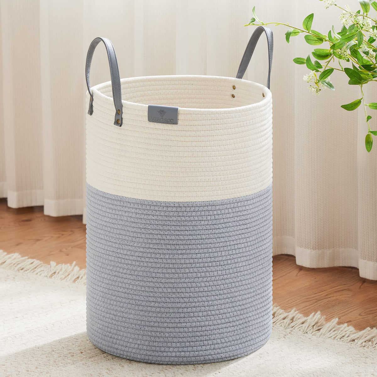 VIPOSCO 72L Tall Woven Rope Laundry Hamper, Leather Handles, White & Brown