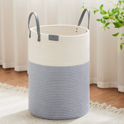 VIPOSCO 72L Tall Woven Rope Laundry Hamper, Leather Handles, White & Brown