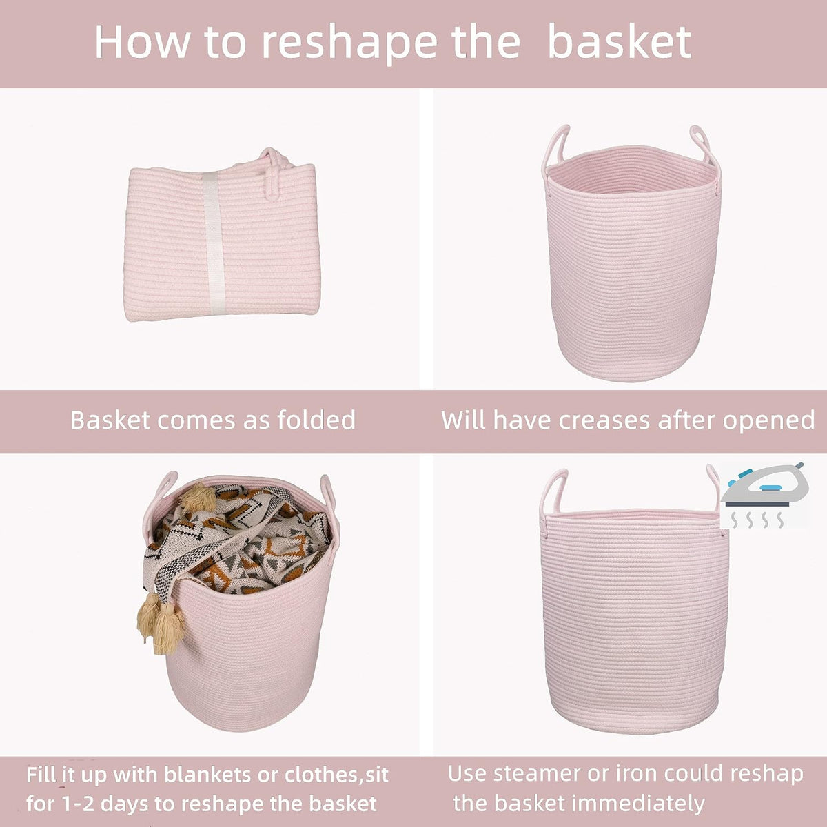 XUANGUO Cotton Rope Laundry Basket Hamper for Girls Kids Baby Nursery Pink