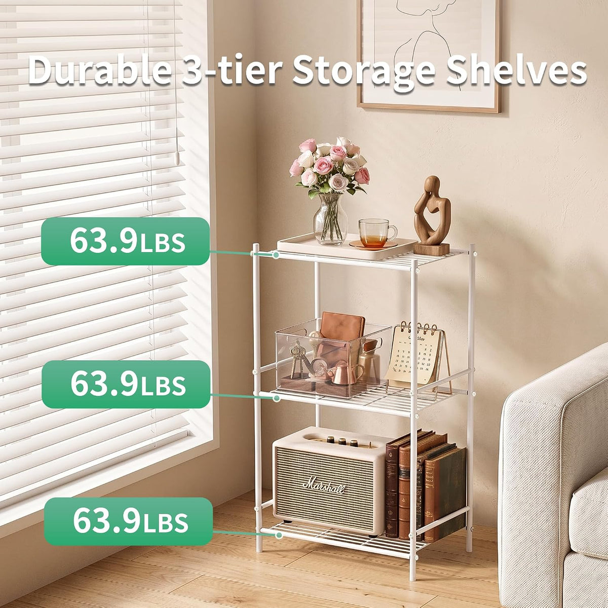 JAQ 3 Tier Small Shelf for Small Spaces, Narrow Bathroom Shelving Unit, Metal Storage Shelf Organizer for Bathroom, Closet, Laundry Room, Dorm, Office, White