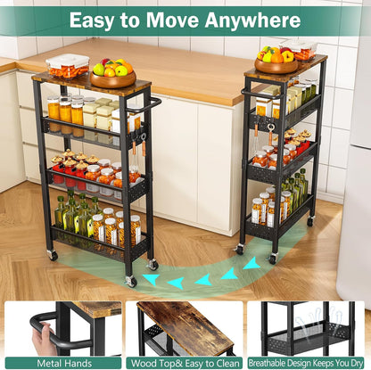 Vivihomety 4-Tier Slim Utility Rolling Laundry Cart with Wheels, Metal