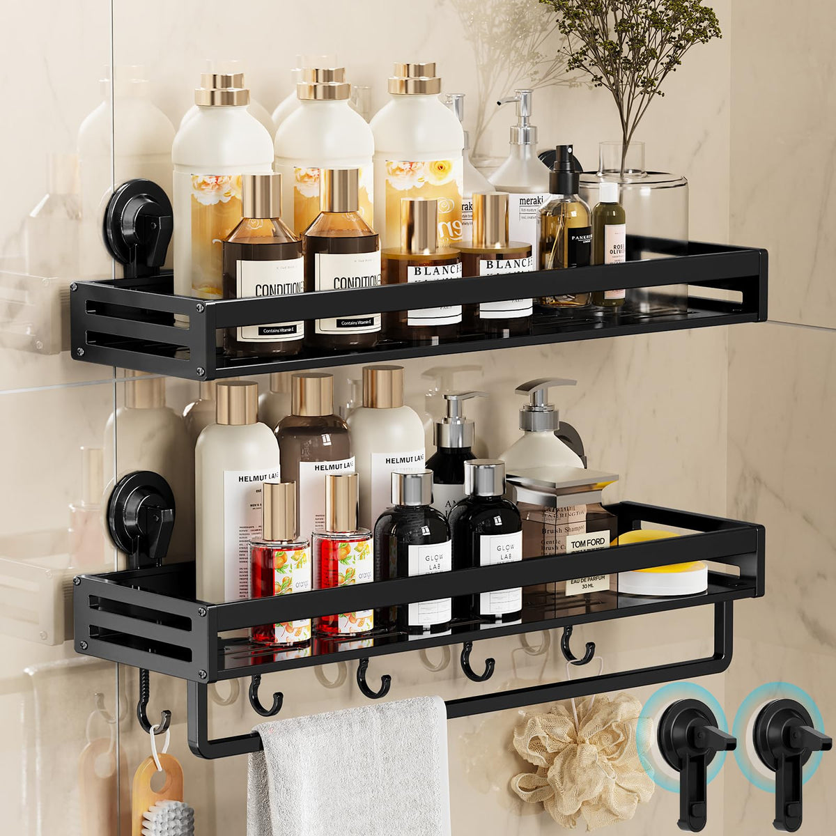 Suction Cup Shower Caddy with 5 Hooks & Towel Rrack 11.8inch Black