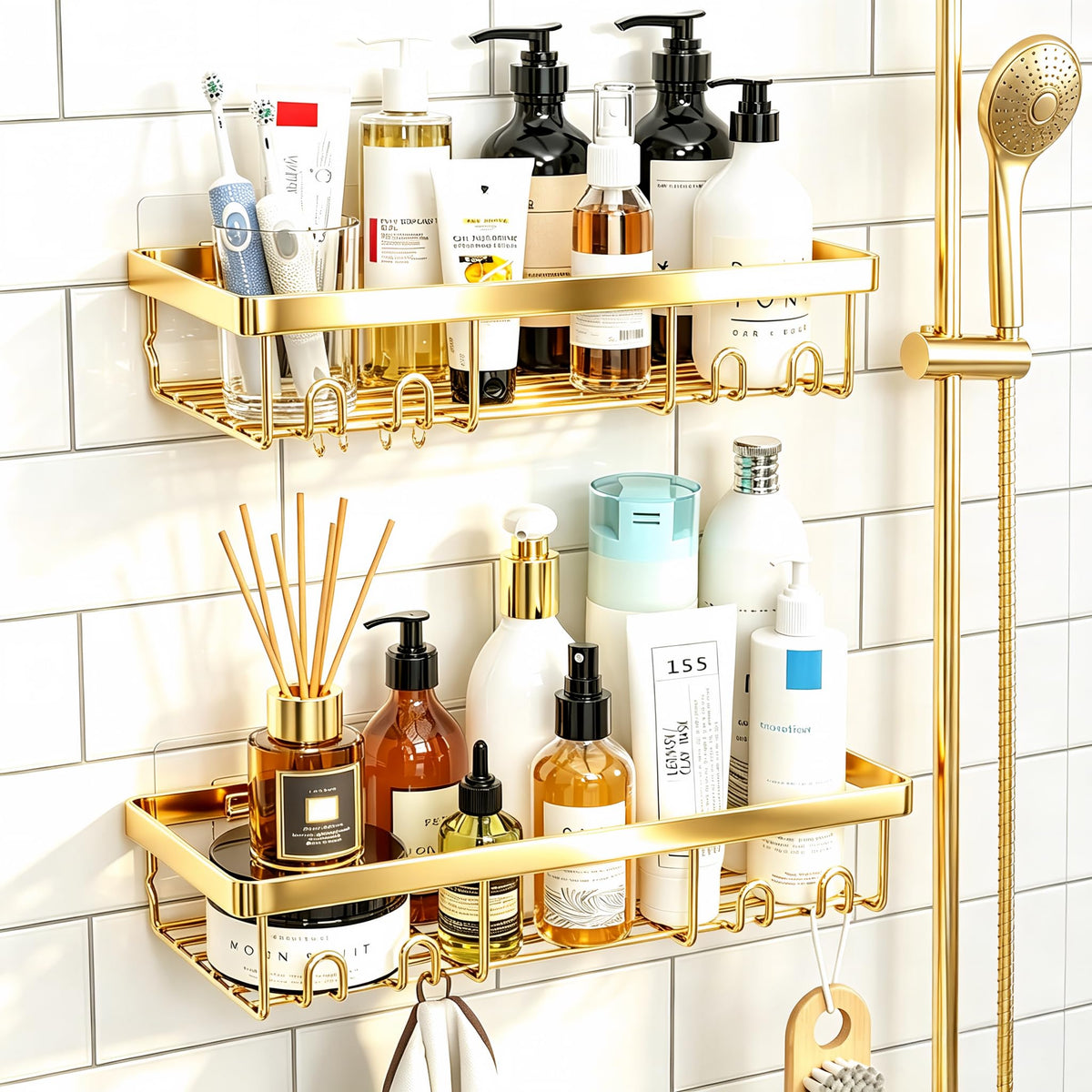 Moforoco Suction Cup Shower Caddy Shelf Organizer Rack, Black Bathroom Shelves Basket, Home Farmhouse Wall Inside Organization and Storage