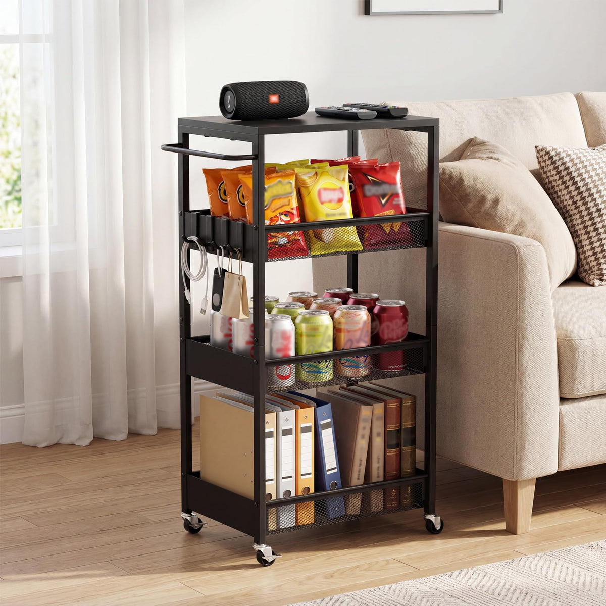 7.1" Wide Slim Storage Cart on Wheels, 4 Tier Metal Narrow Rolling Cart with Handle and Wood Top, Multifunctional Small Mobile Shelf Unit Organizer Trolley for Laundry, Bathroom, Kitchen