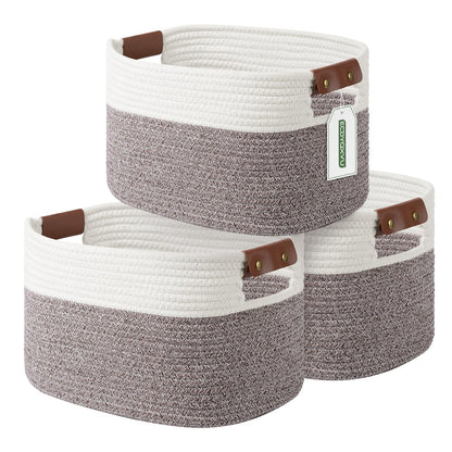 ECDYQXVU 15x10x9 Woven Cotton Rope Storage Basket, Leather Handles 1 Pack