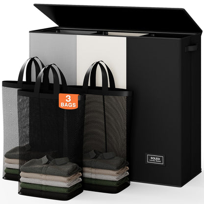 SOLEDI Large Laundry hamper 3 Section with Laundry Bag, XL Clothes Basket