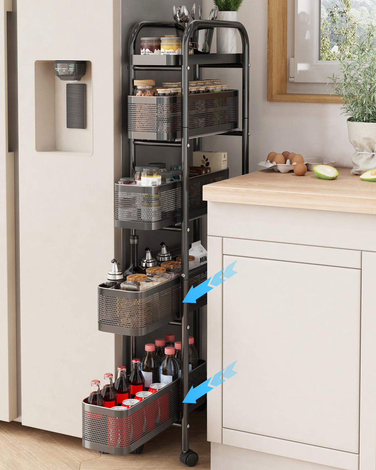 UMDONX 5-Tier Narrow Mobile Storage Cart with Pull-Out Baskets