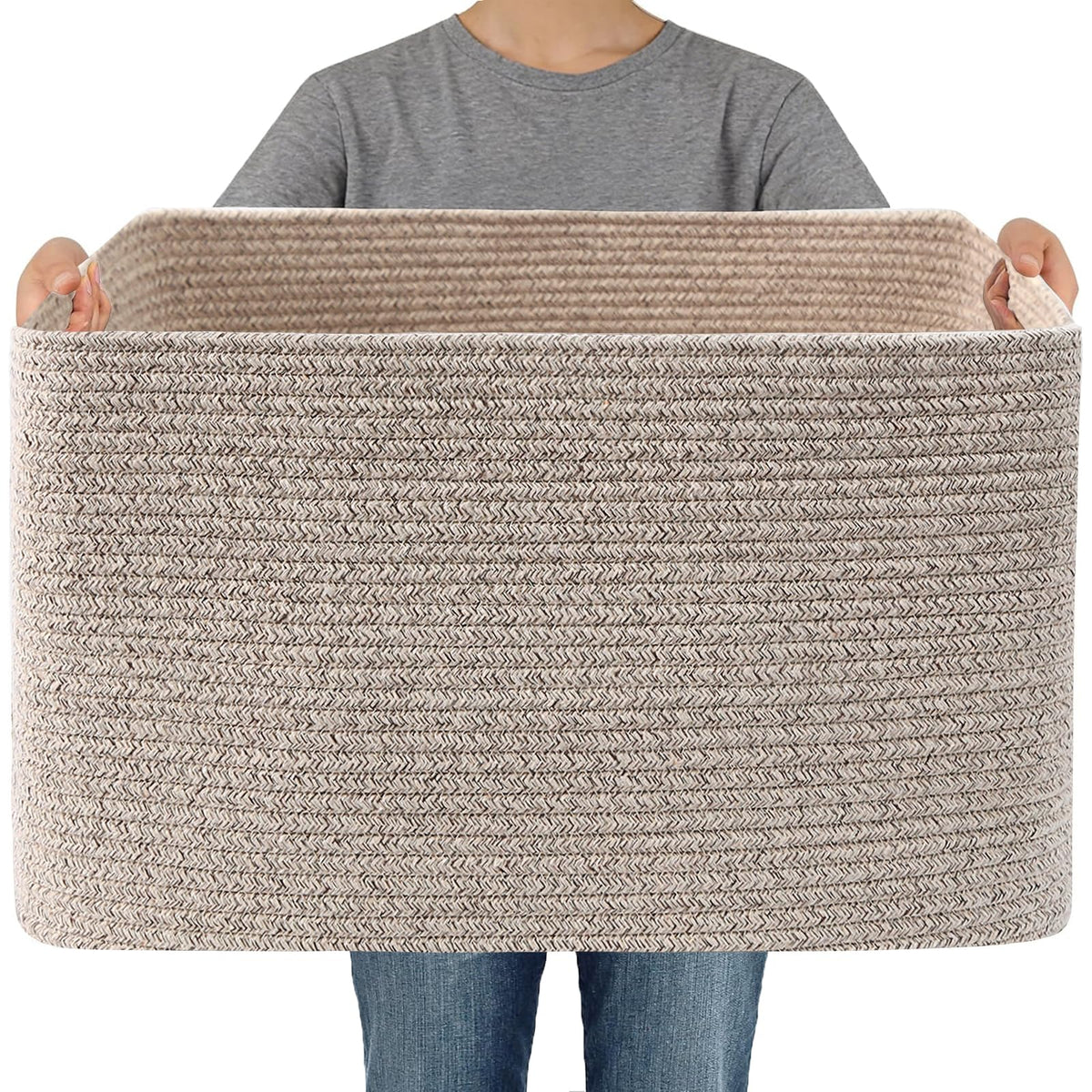 JMvicyroam 65L Large Woven Cotton Rope Blanket Basket, Oatmeal