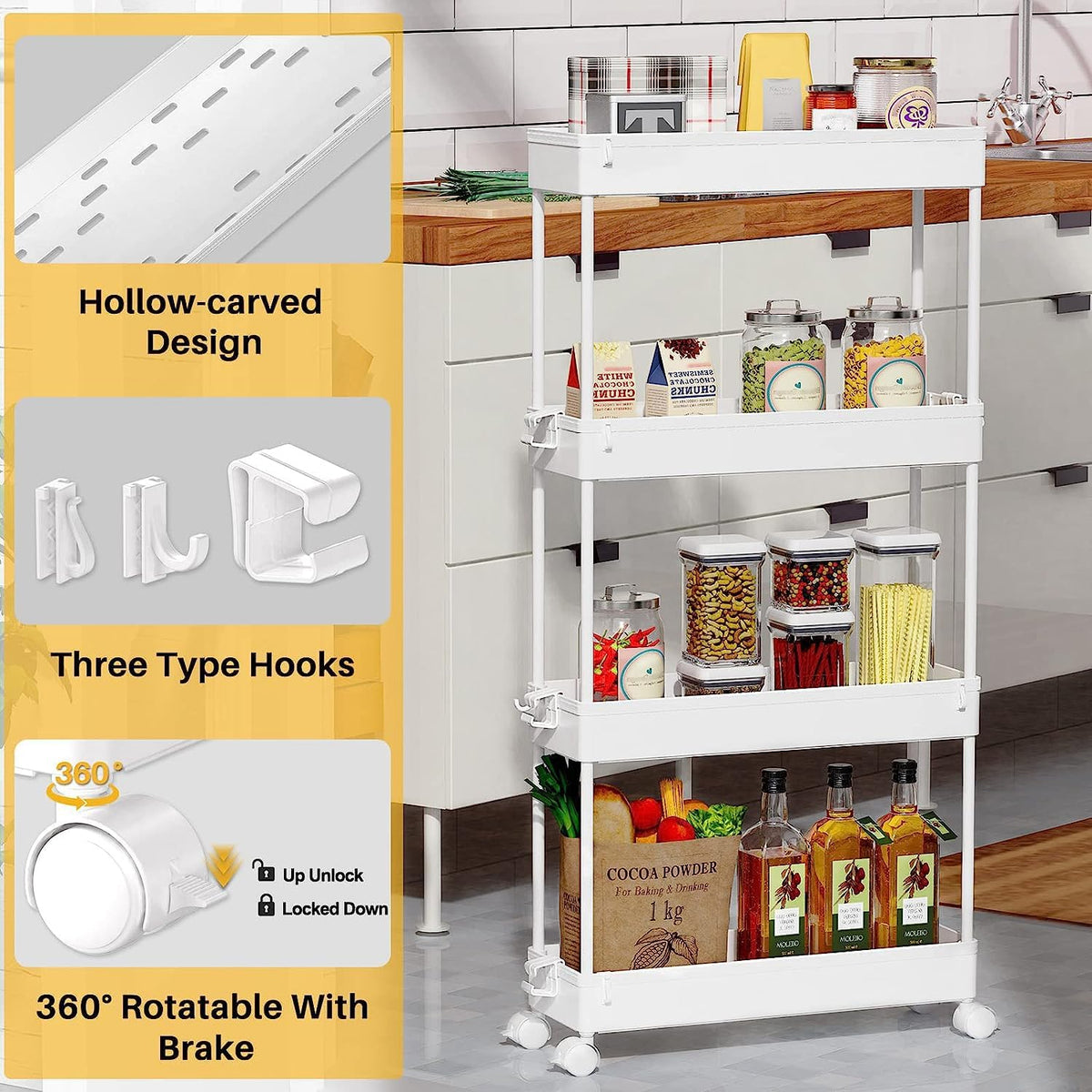 SPACEKEEPER Slim Rolling Storage Cart, 4 Tier Bathroom Cart Organizer,White