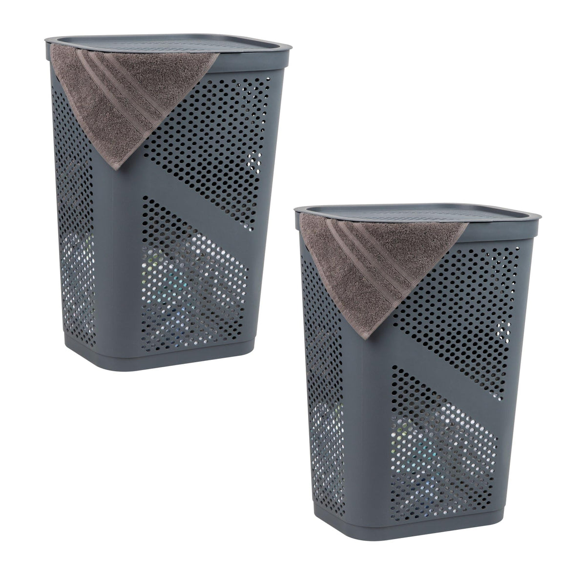Mind Reader Slim Laundry Hamper with Lid, 60L Ventilated Clothes Baskets, Tapered Design for Bathrooms, Closets, Plastic, Set of 2, Black