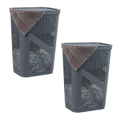 Mind Reader Slim Laundry Hamper with Lid, 60L Ventilated Clothes Baskets, Tapered Design for Bathrooms, Closets, Plastic, Set of 2, Black