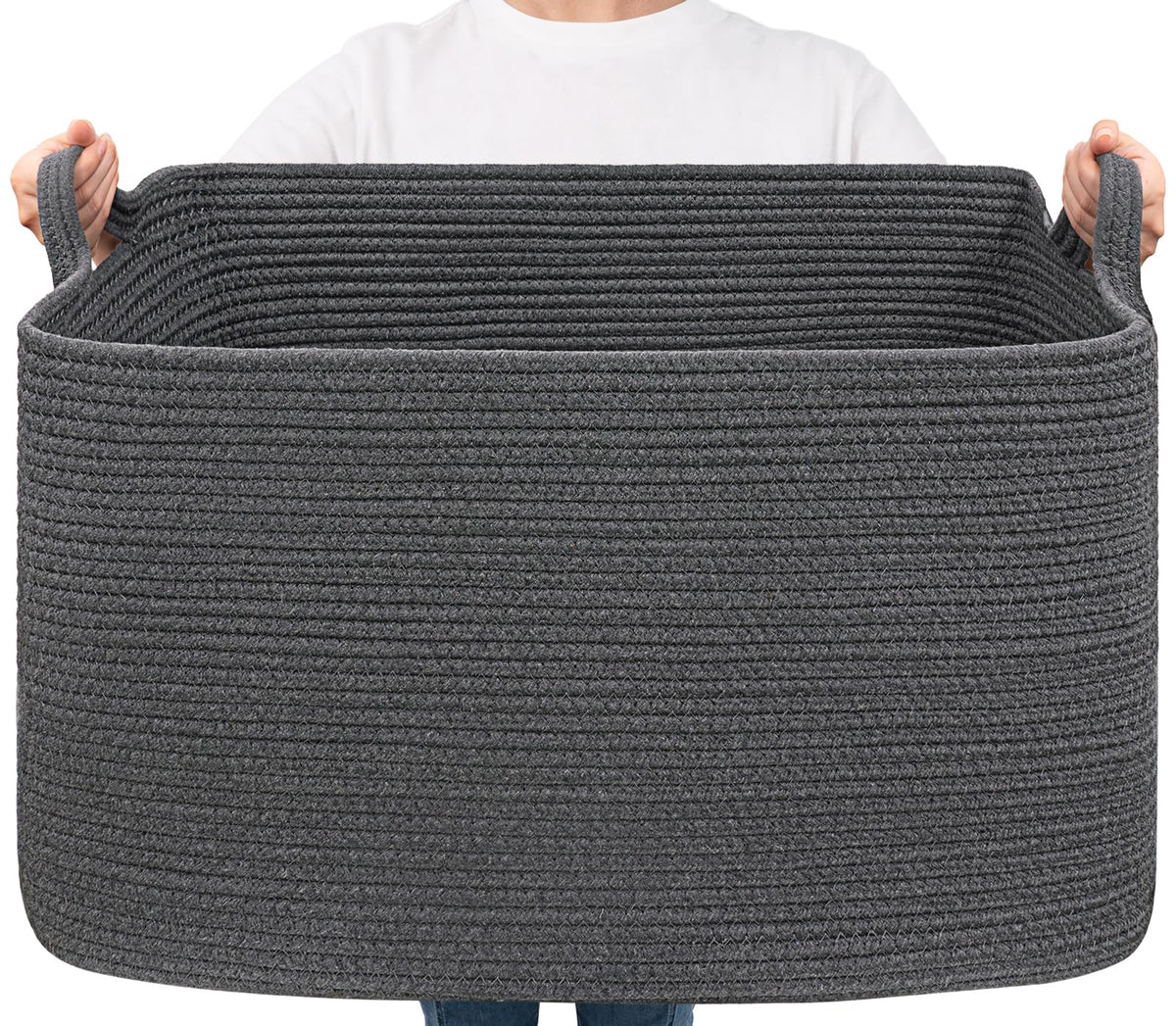 Goodpick Large Woven Rope Blanket Basket, Rectangle, Black, 75L