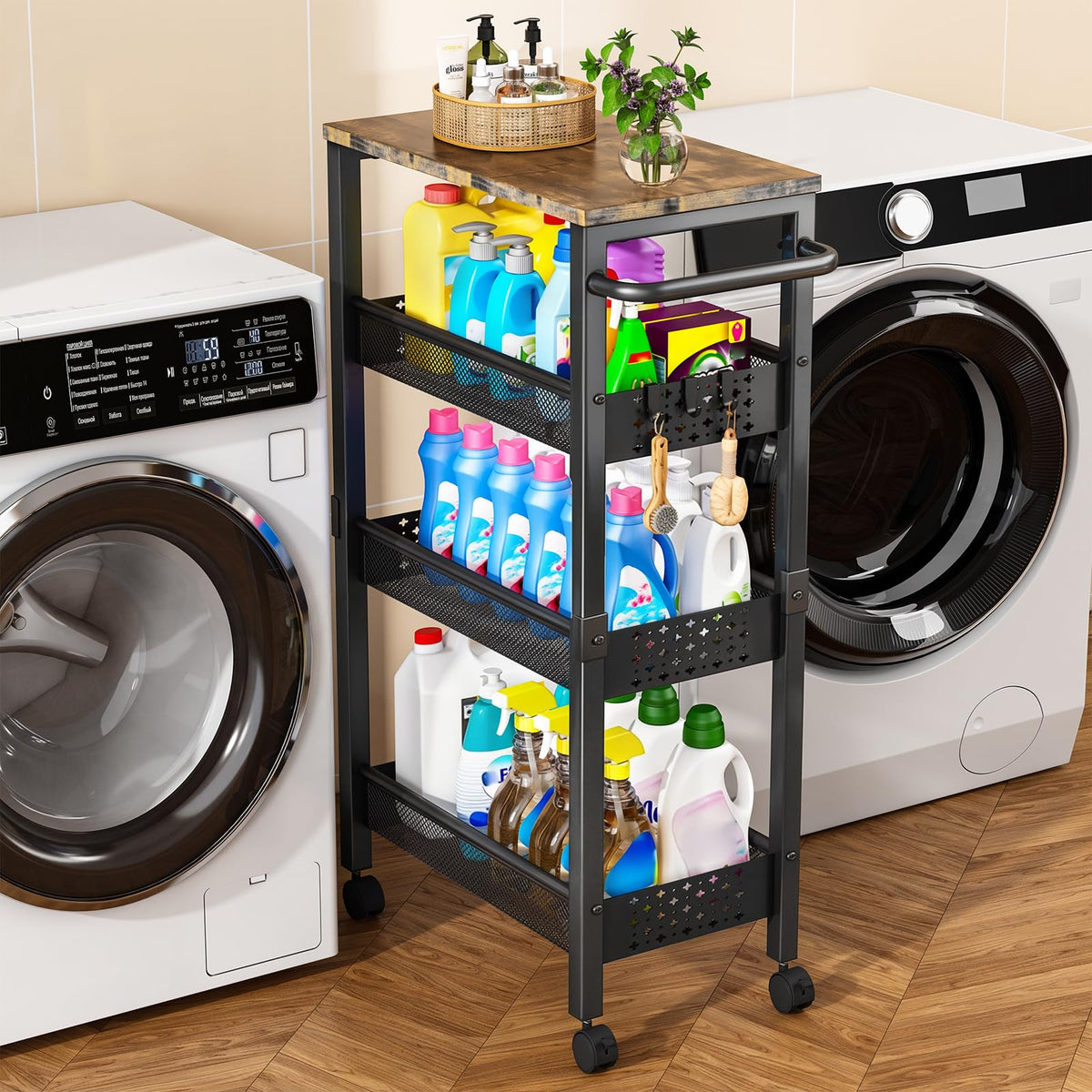 Slim Storage Cart with Wheels, 4 Tier Metal Rolling Organizer with Wood Top and Handle, Narrow Utility Shelf for Kitchen Bathroom Laundry Room, Black