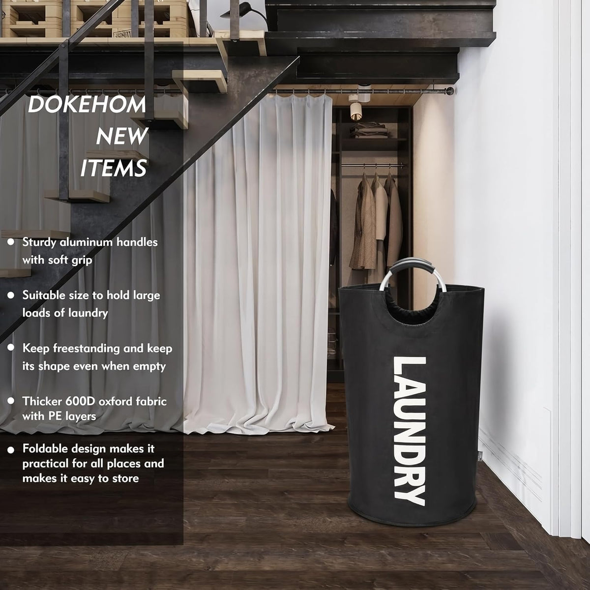 DOKEHOM 90L Large Laundry Basket Bag, Collapsible Tall Hamper, Black
