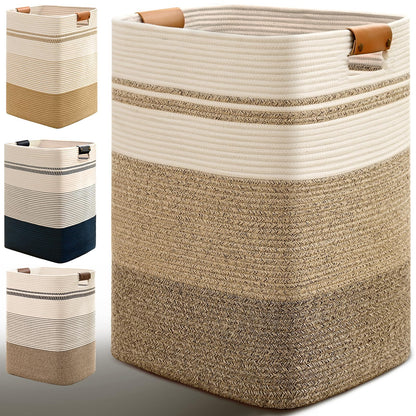 Laundry Hamper, 85L Tall Laundry Basket with Leather Handles, Rectangle Large Clothes Hamper for Organizing, Cotton Woven Laundry Baskets Storage Hampers for Bedroom, Nursery, Living Room