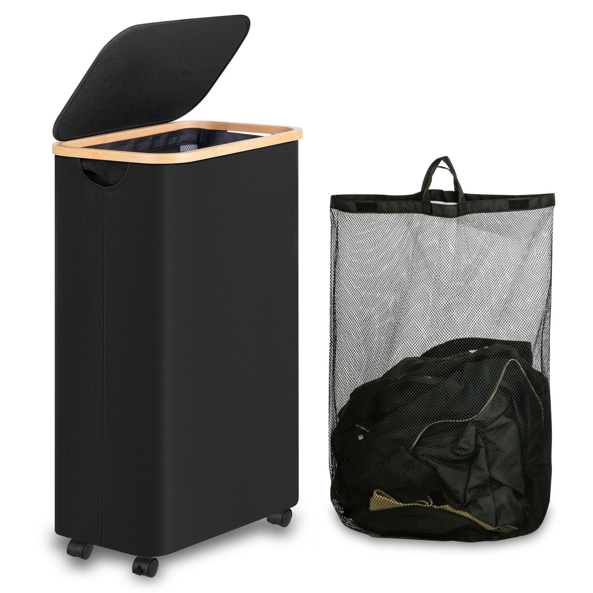 iEGrow 65L Slim Laundry Hamper, Narrow Laundry Basket with Lid,Foldable Clothes Hamper with Bamboo Handles,Hamper Basket with Removable Inner Bag for Laundry Room Bedroom College Dorm,17.17 Gals Pink
