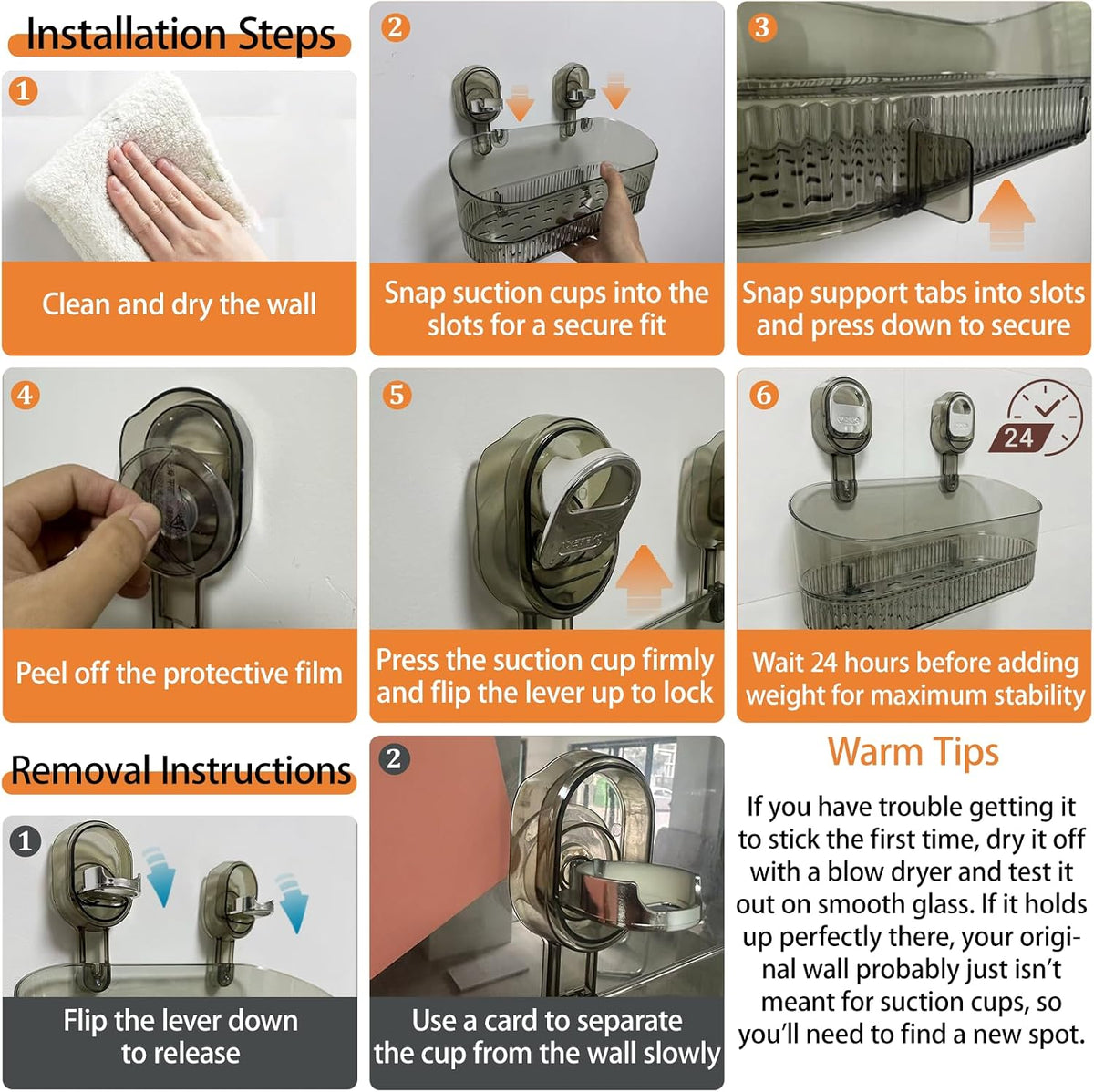 AVOKIHI Suction Cup Shower Caddy with 6 Hooks, No Drill Shower Shelf
