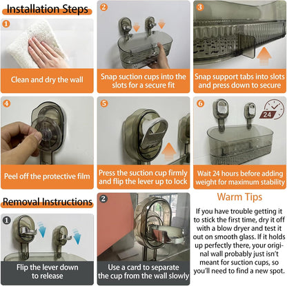 AVOKIHI Suction Cup Shower Caddy with 6 Hooks, No Drill Shower Shelf