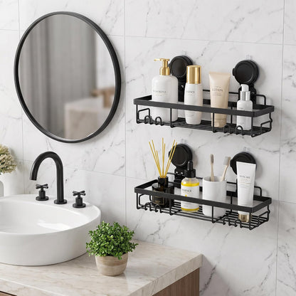 Moforoco Suction Cup Shower Caddy Shelf Organizer Rack, Black Bathroom Shelves Basket, Home Farmhouse Wall Inside Organization and Storage