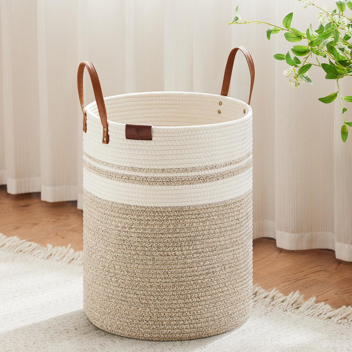 VIPOSCO 72L Tall Woven Rope Laundry Hamper, Leather Handles, White & Brown