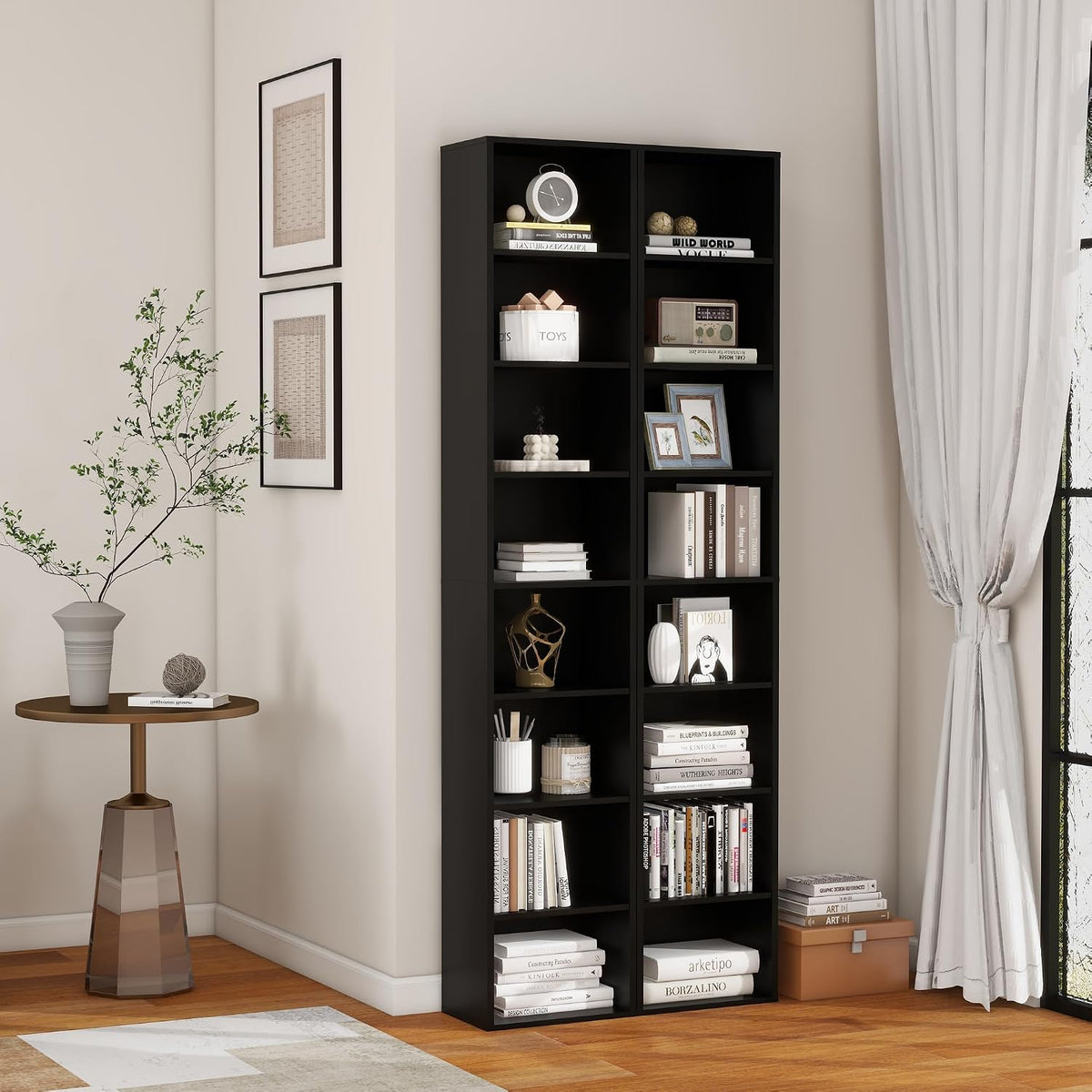 Panana 8 Tier Storage Shelf Bookcase, Slim Organizer Shelves Cabinet Tall Narrow Media Tower Rack Display Bookshelf for Home Office (Black)