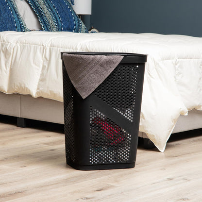 Mind Reader Slim Laundry Hamper with Lid, 60L Ventilated Clothes Baskets, Tapered Design for Bathrooms, Closets, Plastic, Set of 2, Black