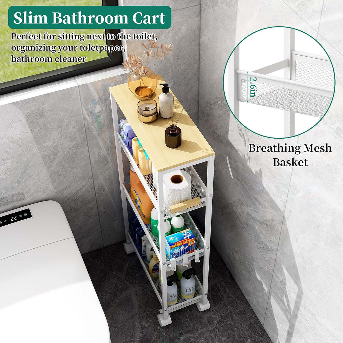 4-Tier Slim Utility Rolling Laundry Cart with Wheels, White